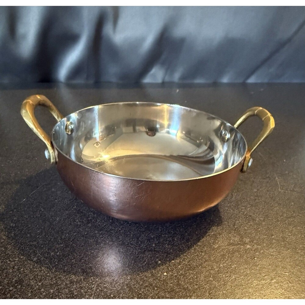 Rembrandt Copper Stainless Steel Mini Serving Bowl 5.3” Brass Handles Cottage
